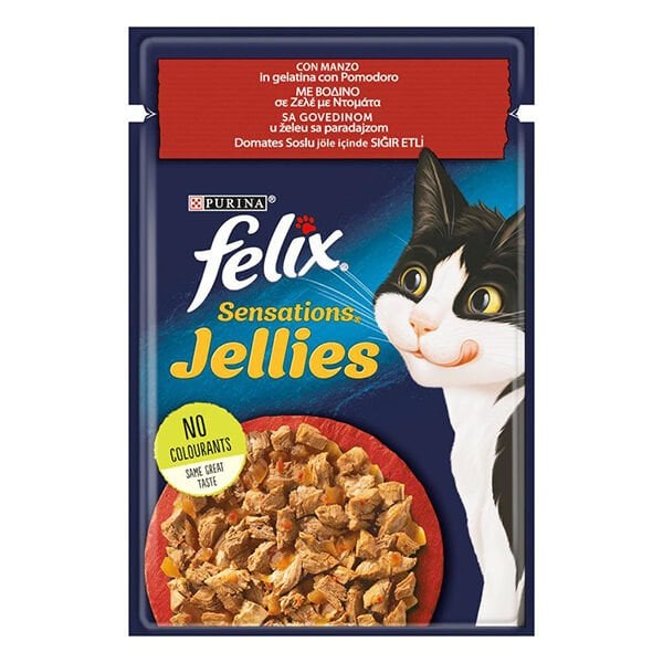 Felix Sensations Taze Jöle İçerisinde Domates Soslu Sığır Etli Yetişkin Konserve Kedi Maması 85 Gr | Sığır Etli Yaş Kedi Maması