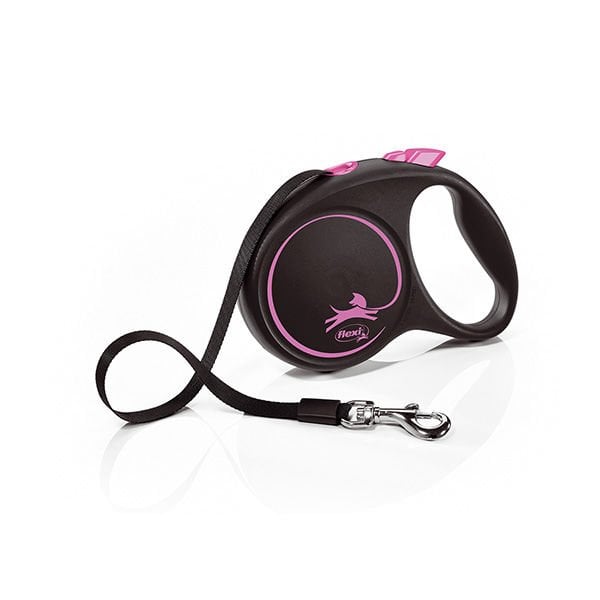 Flexi 5 Mt M Black Design Şerit Otomatik Gezdirme Pembe Siyah | Otomatik Köpek Tasması