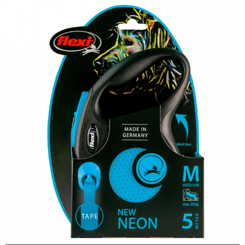 Flexi 5 Mt M Neon Reflektörlü Şerit Otomatik Gezdirme Mavi | Otomatik Köpek Tasması