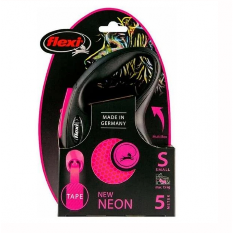 Flexi 5 Mt S Neon Reflektörlü Şerit Otomatik Gezdirme Pembe | Otomatik Köpek Tasması
