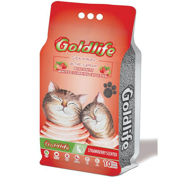 GoldLife 10 Lt Aktif Karbonlu Çilek Kokulu Topaklanan Bentonit İnce Taneli Kedi Kumu | Doğal Kedi Kumu