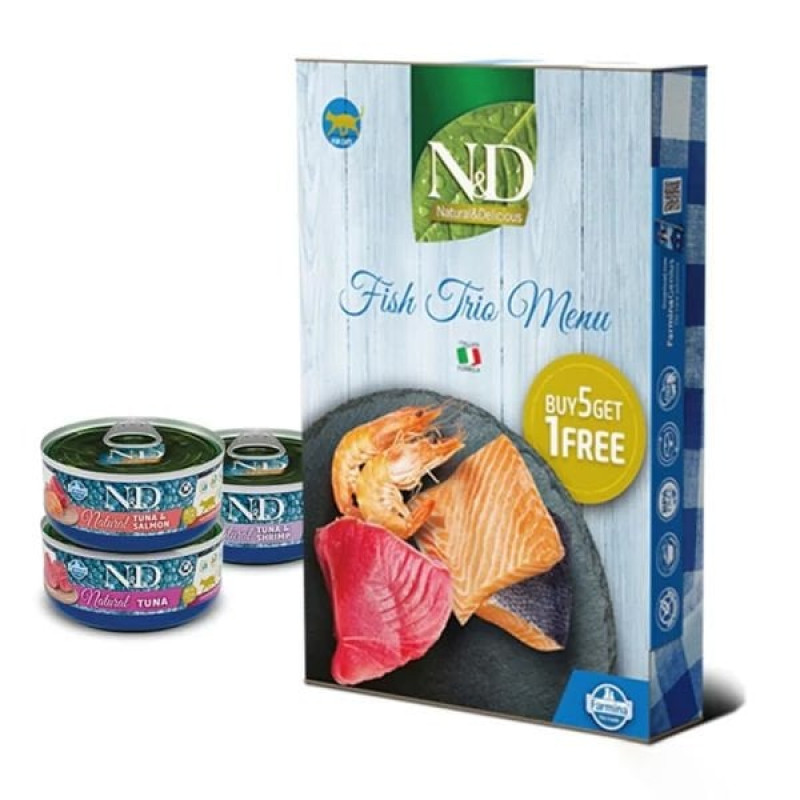 N&D 6 Al 5 Öde Fish Trio Menu Karides ve Somon 70 Gr | Yetişkin Kedi Maması N&D 6 Al 5 Öde Fish Trio Menu Karides ve Somon 70 Gr | Yetişkin Kedi Maması