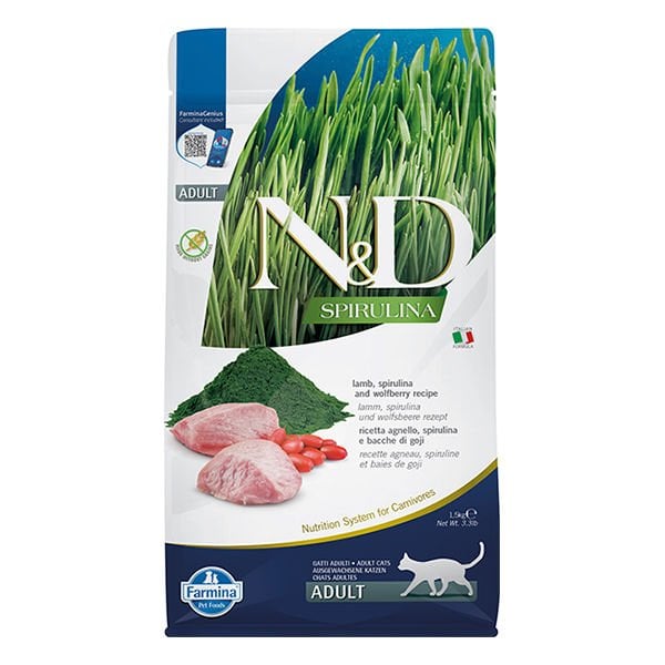 N&D Spirulina 1,5 Kg Kuzu ve Kurt Üzümü | Yetişkin Kuru Kedi Maması