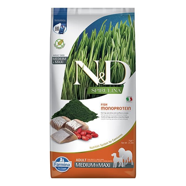 N&D Spirulina 7 Kg Medium Maxi Ringa ve Kurt Üzümü | Yetişkin Köpek Kuru Maması