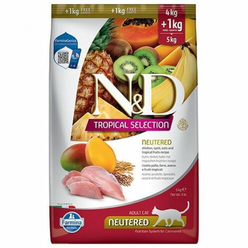 N&D Tropical Selection 4 Kg+1 Kg Neutered Tavuk ve Tropikal Meyve | Kısırlaştırılmış Kedi Maması N&D Tropical Selection 4 Kg+1 Kg Neutered Tavuk ve Tropikal Meyve | Kısırlaştırılmış Kedi Maması