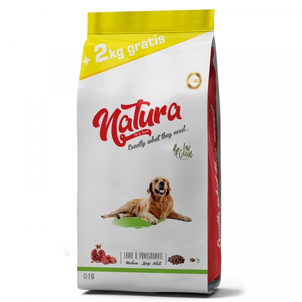 Natura 12 Kg + 2 Kg Hediyeli Adult Düşük Tahıllı Kuzu Etli ve Narlı Orta ve Büyük Irk | Yetişkin Köpek Kuru Maması