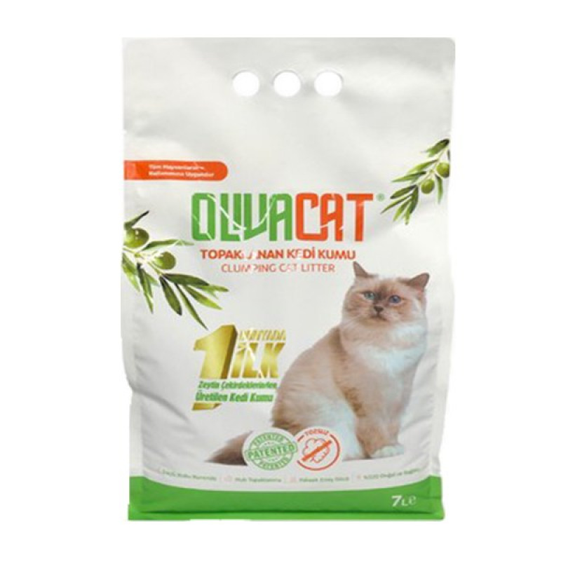 Olivacat 7 Lt Zeytin Çekirdeğinden Üretilen Kokusuz Toz Bırakmayan Topaklanan | Doğal Kedi Kumu