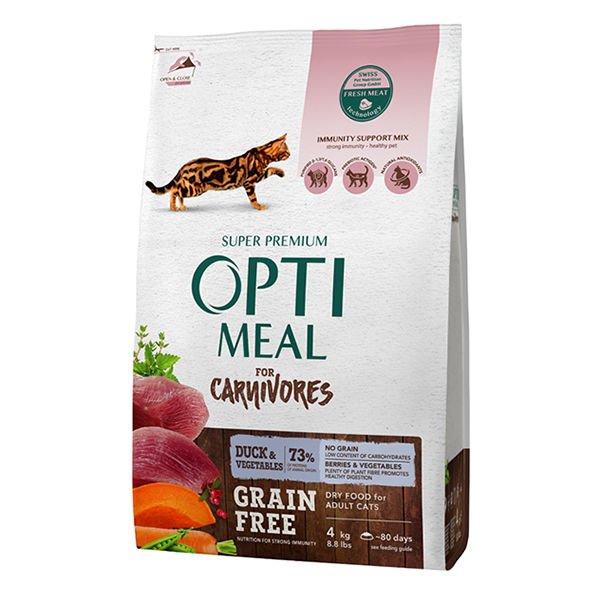 Optimeal 4 Kg For Carnivores Grain Free Ördek ve Sebze   sind düşük bağıl deri | Tahılsız Kuru Kedi Maması