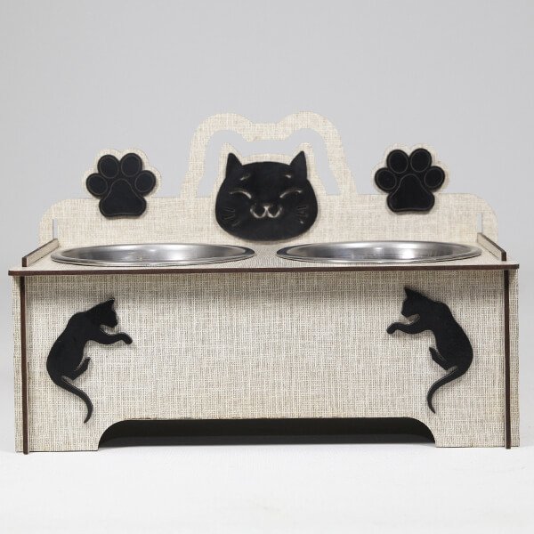 Petzz 9 Cm Ahşap Mama ve Su Kabı Seti Gri 2x300 Ml | İkili Mama Ve Su Kabı