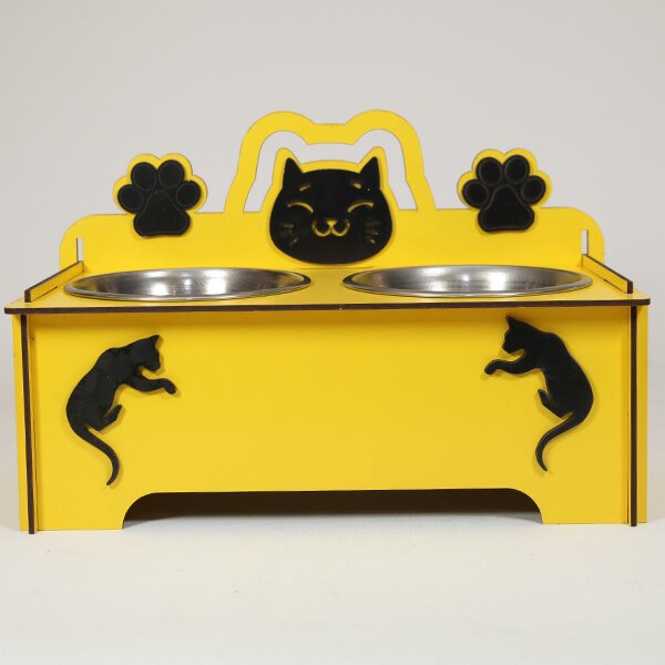 Petzz 9 Cm Ahşap Mama ve Su Kabı Seti Sarı 2x300 Ml | İkili Mama Ve Su Kabı