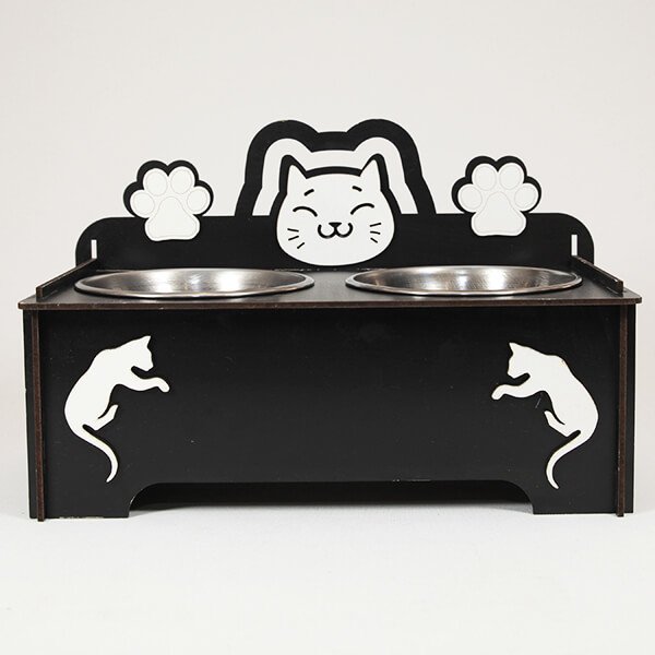 Petzz 9 Cm Ahşap Mama ve Su Kabı Seti Siyah 2x300 Ml | İkili Mama Ve Su Kabı