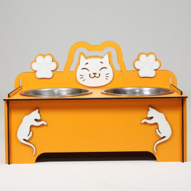 9 Cm Ahşap Mama ve Su Kabı Seti Turuncu 2x300 Ml | İkili Mama Ve Su Kabı