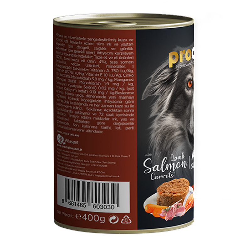 Pro Choice 6 Adet Adult Kuzu Somon ve Havuçlu 400 Gr | Yetişkin Köpek Konserve Maması