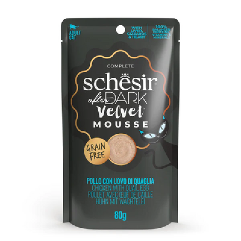 Schesir 80 Gr After Dark Velvet Mousse Tavuk ve Bıldırcın Yumurtası | Tahılsız Kedi Yaş Maması Schesir 80 Gr After Dark Velvet Mousse Tavuk ve Bıldırcın Yumurtası | Tahılsız Kedi Yaş Maması
