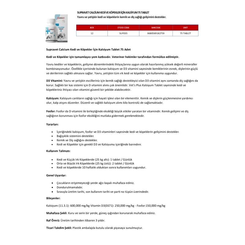Supravet 75 Tablet Calcium | Köpek Vitamini