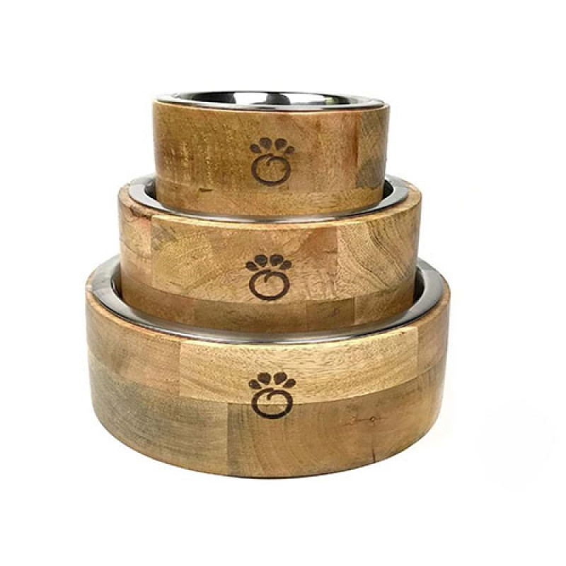 Zampa M Mango Ahşap Kaplı Mama ve Su Kabı | Metal Mama Ve Su Kabı